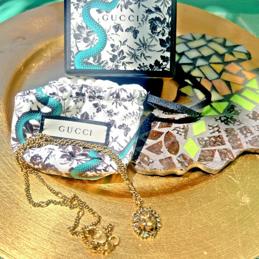 Authentic Gucci Bronze Gold Lion Head Necklace – Small Pendant, Logo Engraved